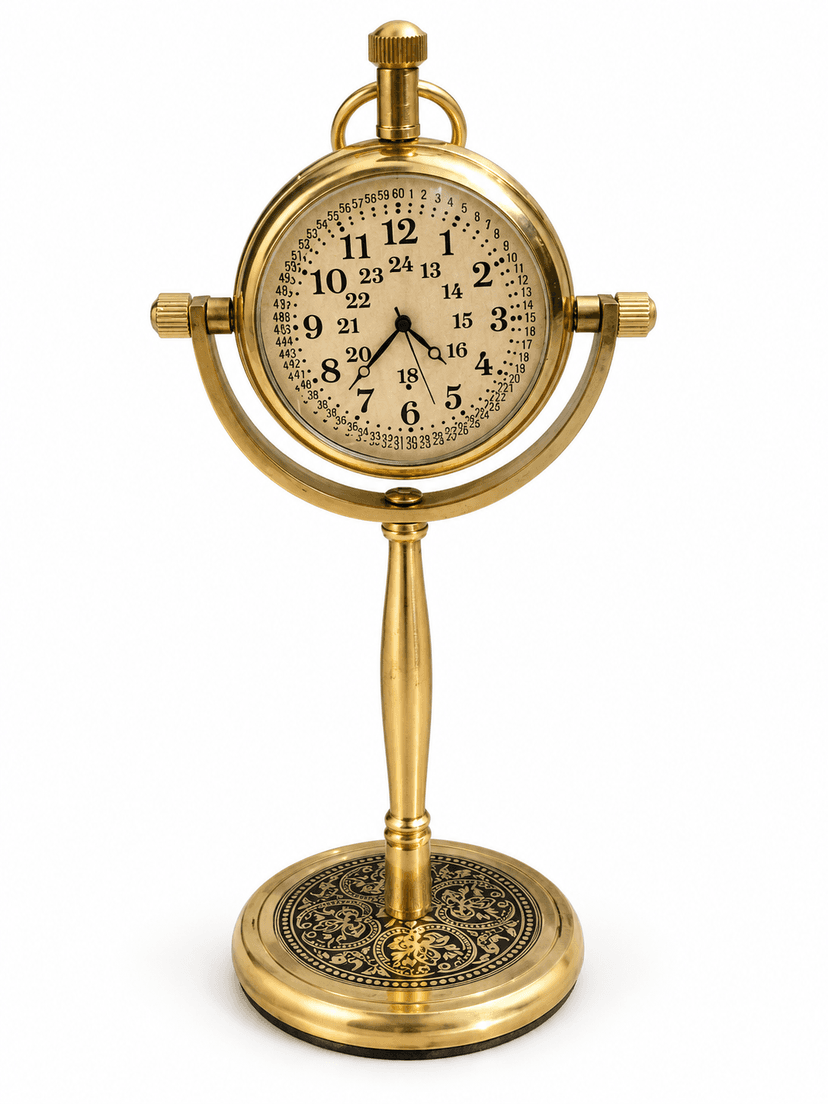 Premium Brass Table Clock with Ornate Round Base, Vintage Antique Gold Finish, Decorative Desk Clock for Living Room, Office, Study Table and Home Décor