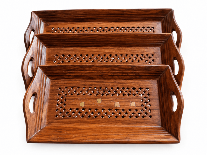 Set of 3 Handcrafted Wooden Serving Trays with Side Handles |