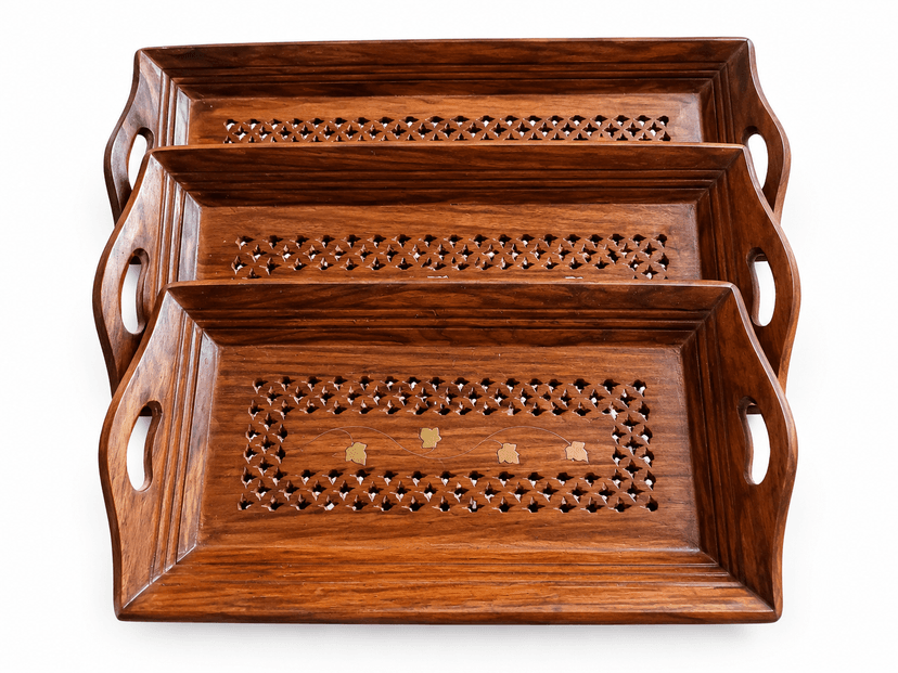 Set of 3 Handcrafted Wooden Serving Trays with Side Handles | - Image 1