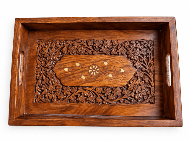 Handcrafted Wooden Serving Tray with Floral Carving | Premium Wooden Tea & Snacks Tray with Side Handles