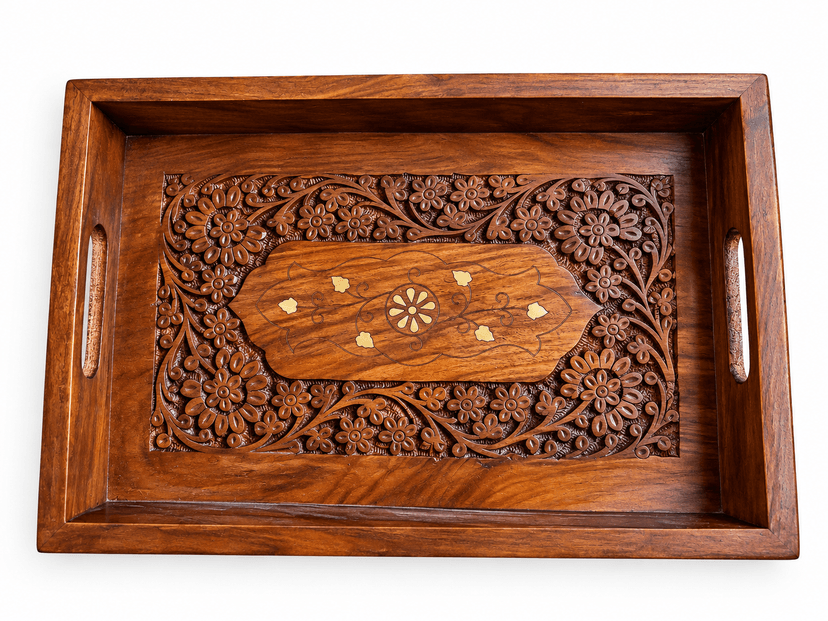 Handcrafted Wooden Serving Tray with Floral Carving | Premium Wooden Tea & Snacks Tray with Side Handles - Image 1