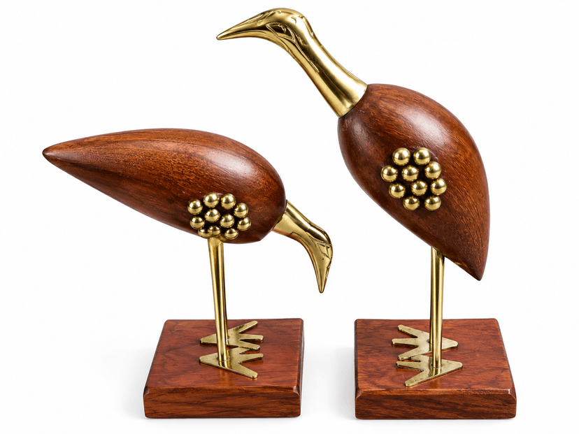 Set of 2 Decorative Wooden Bird Showpieces with Golden Metal Accents - Image 1
